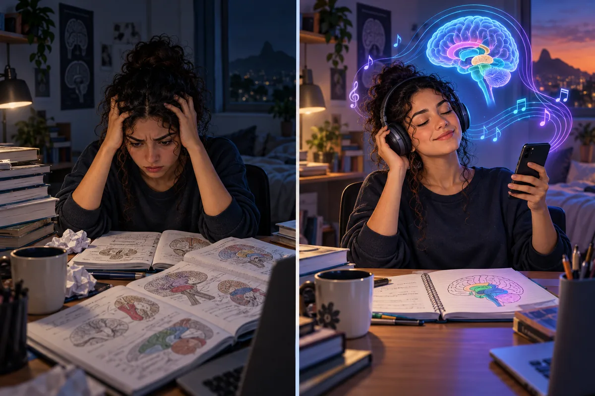 Antes estudando com frustração e depois revisando neuroanatomia com música
