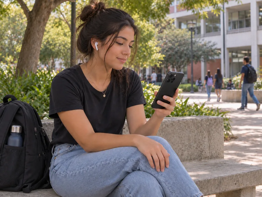 Estudante ouvindo músicas de Neuroanatomia com fones Bluetooth no campus